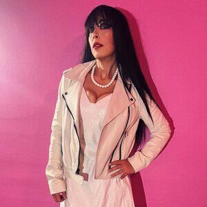 NWT MARCIANO WHITE W/ BLACK ZIPPERS ZACHARY LEATHER MOTORCYCLE JACKET SMALL